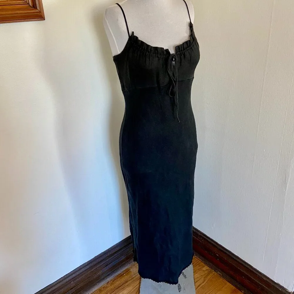 VTG 90s 2000 y2k Black Maxi Midi 100% Linen Milk Maid Dress Potrait Tie Sun Med - Picture 14 of 15